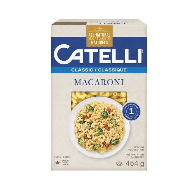 Catelli Classic All-Natural Macaroni Pasta 454 g box with beige and blue packaging, featuring a serving suggestion of macaroni with broccoli and bacon on a white plate, highlighting its all-natural ingredients and Canadian origin.