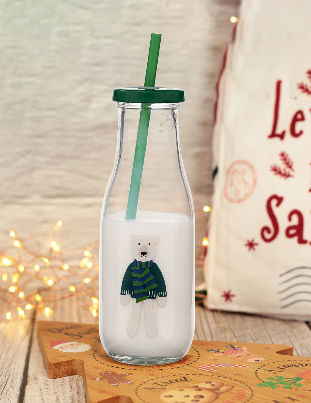 Holiday Time Bouteille de lait en verre Bear avec paille 14oz