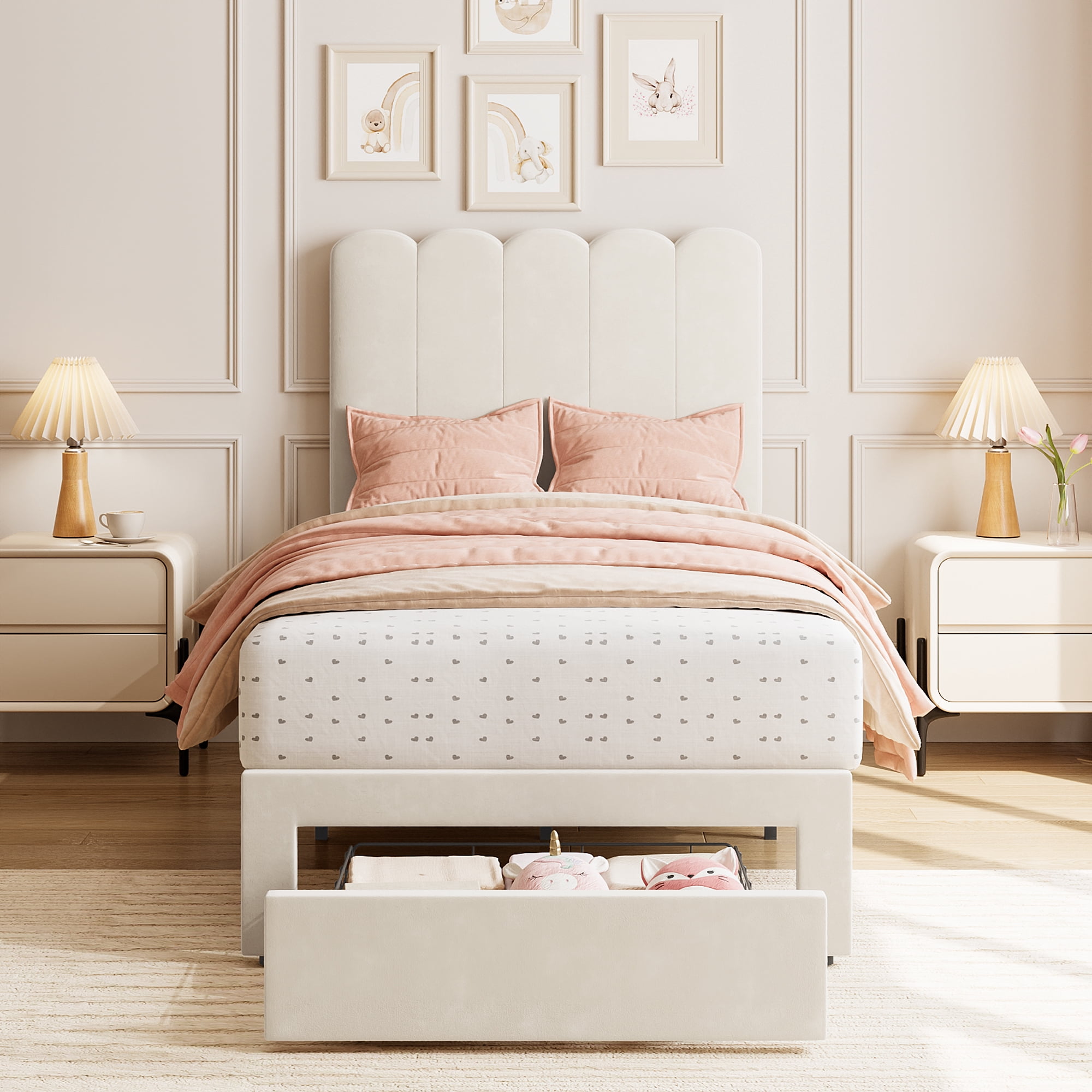 Yiwa Twin Velvet Upholstered Bed Frame for Girls, Pink Platform Bed ...