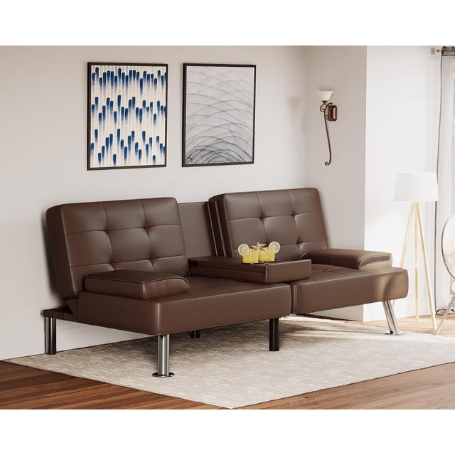 Homall Canapé-Lit Futon en Similicuir Canapé Moderne Convertible Inclinable Pliant avec 2 Porte-Gobelets, Brun