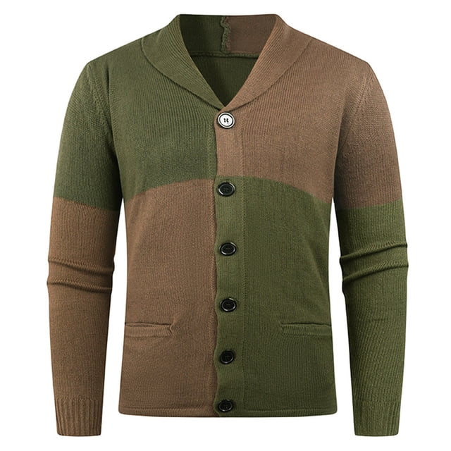 Lovzfmll Cardigan en Tricot à Blocs de Couleur pour Homme, Revers Cranté, devant Boutonné, Extensible, Vert Armée, G