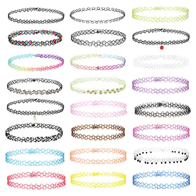 BodyJ4You Ensemble de 24 Pcs Collier Ras-du-Cou Coloré Extensible Élastique Bijoux Femmes Fille Enfants Paquet Valeur
