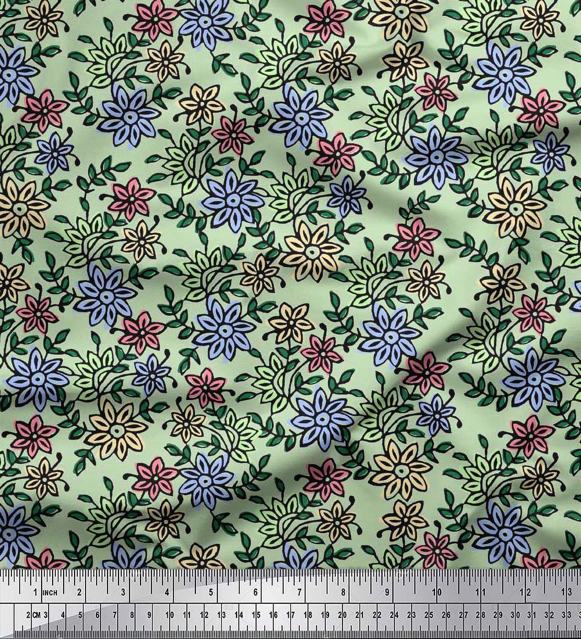 Soimoi Moss Georgette Fabric Leaves & Floral Block Print Fabric by Yard 42 Inch Wide