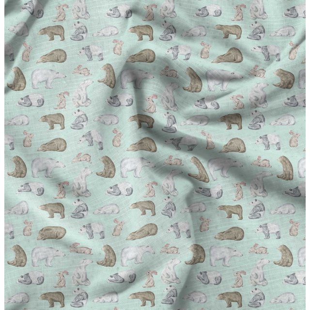 Soimoi Green Moss Georgette Fabric Bear & Rabbit Animal Print Sewing Fabric Yard 44 Inch Wide