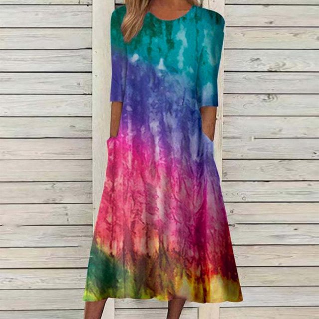 Robes pour Femmes 2024 Été Surdimensionnée Décontractée à Manches Mi-Longues à Col Rond Imprimée Maxi Ample à Enfiler Longue Robe Rabais de 50 % Liquidation!