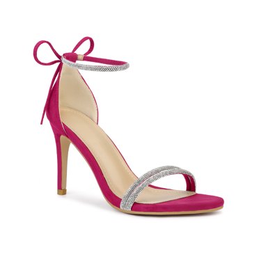 BLISSFUL STEP Women's Shoes Stiletto Heels Rhinestone Ankle Tie Open Toe Faux Suede Party Sandals Hot Pink 8