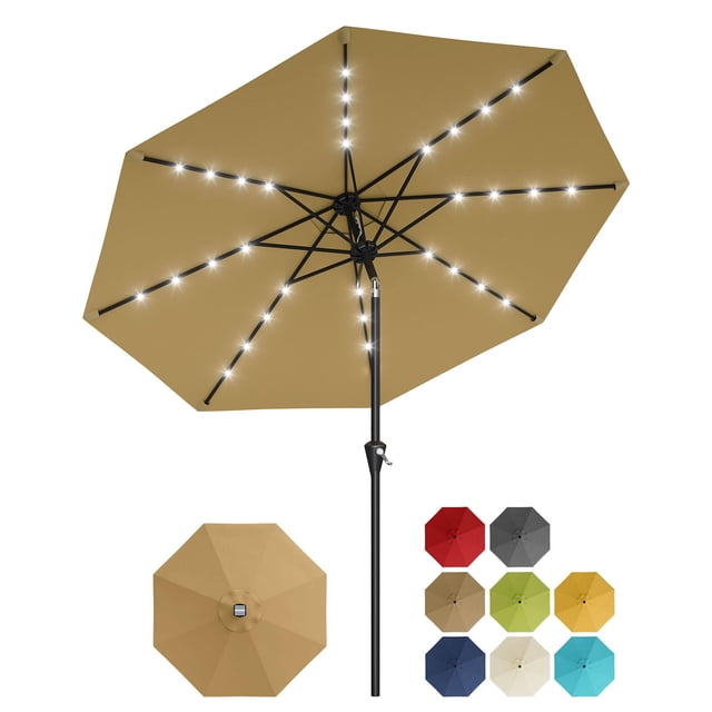 10FT Solar Patio Umbrella with 32 LED Lights – Crank Lift, 30° Tilt, 8 Sturdy Ribs, UV Protection – Outdoor Market Parasol for Pool, Deck, Garden, Balcony – Base Included–Color: European 4 Khaki+Vine