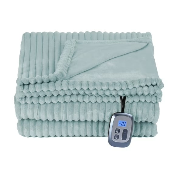 SUNNY HEAT Heated Electric Blanket Ribbed Flannel 72"x84" Full Size - 10 Heating Settings & 2/4/6/8/10/12 Hours Auto off, Thick and Warm Washable - Mint Green