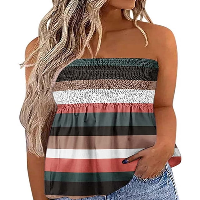 Women‘s Strapless Tank Tops Sleeveless Pleated Gradient Color Ladies Summer Boho Print Loose Fit Pullover