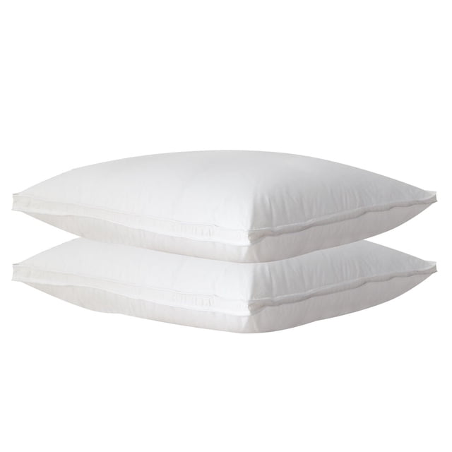 Ambassador 233 TC Microfiber Pillow set showing two white pillows stacked, each with a 233 thread count 100% cotton shell, down-like gel microfiber fill, gusseted side walls, and double-stitched white piping, ideal for home bedding and often used as extra support cushions.