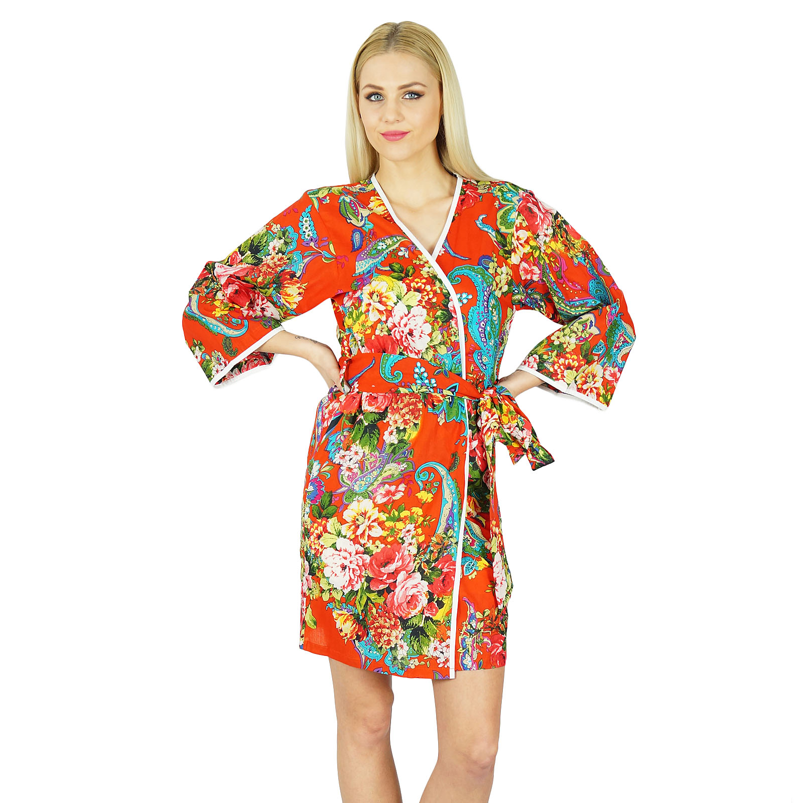 Bimba Peignoir Court Uni pour Femmes avec Ceinture, Modal Doux en Coton, Enveloppant, Rond, Uni