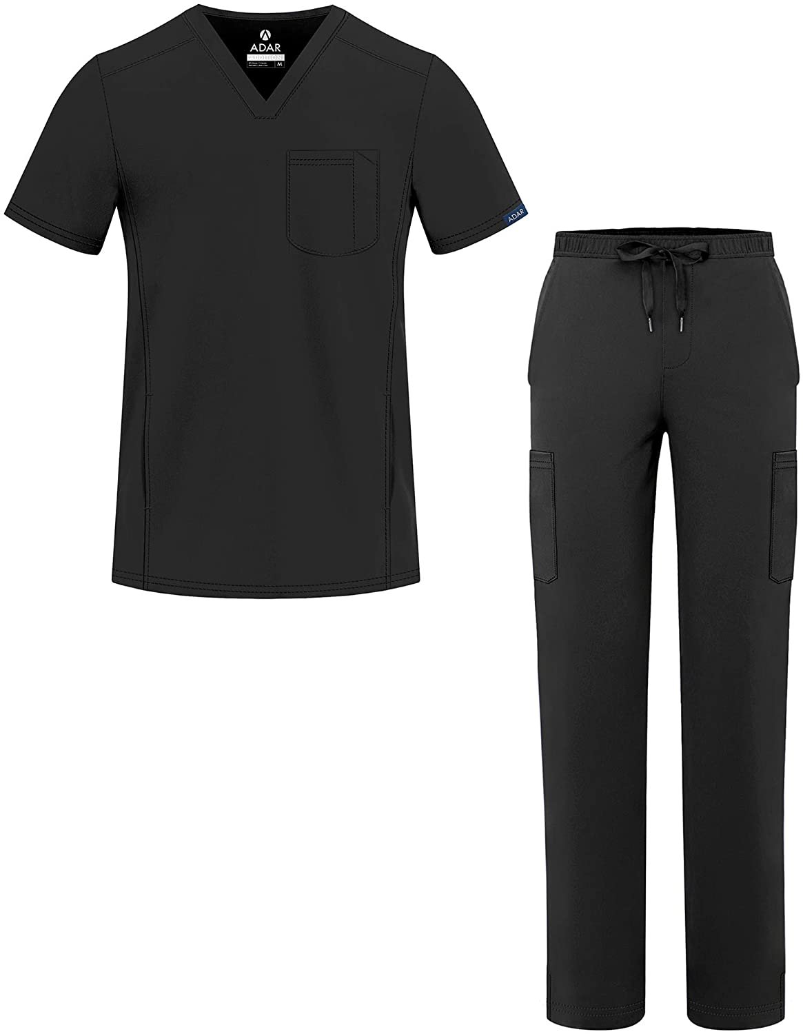 Adar Addition Go-Everyday Scrub Set for Men - Stylish Scrub Top & Cargo Scrub Pants - A9800 - Black - XS