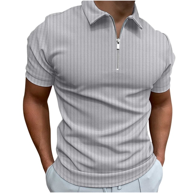 Homme Décontracté Uni Col Rabattu Chandail à Rayures Haute Élasticité Blouse à Manches Courtes Extensible Chandails Moulants pour Homme, Gris, TG