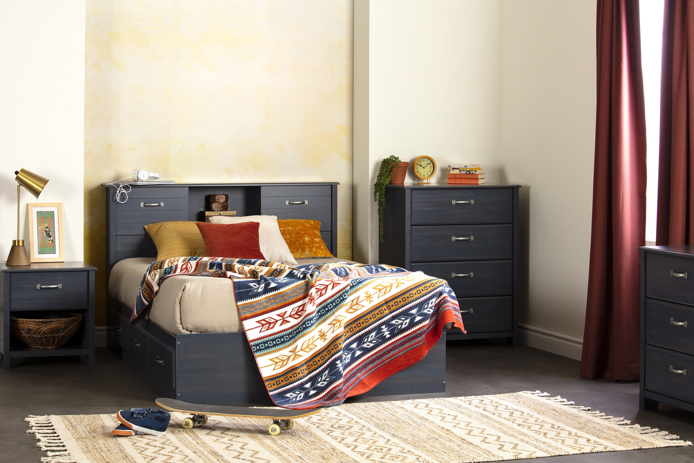 South Shore Ulysses Full Mates Platform Storage Bed with 3 Drawers, in Blueberry