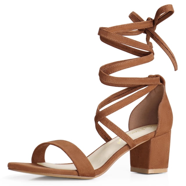 BLISSFUL STEP Sandales à Talon Moyen Épais à Bout Ouvert à Lacets pour Femmes