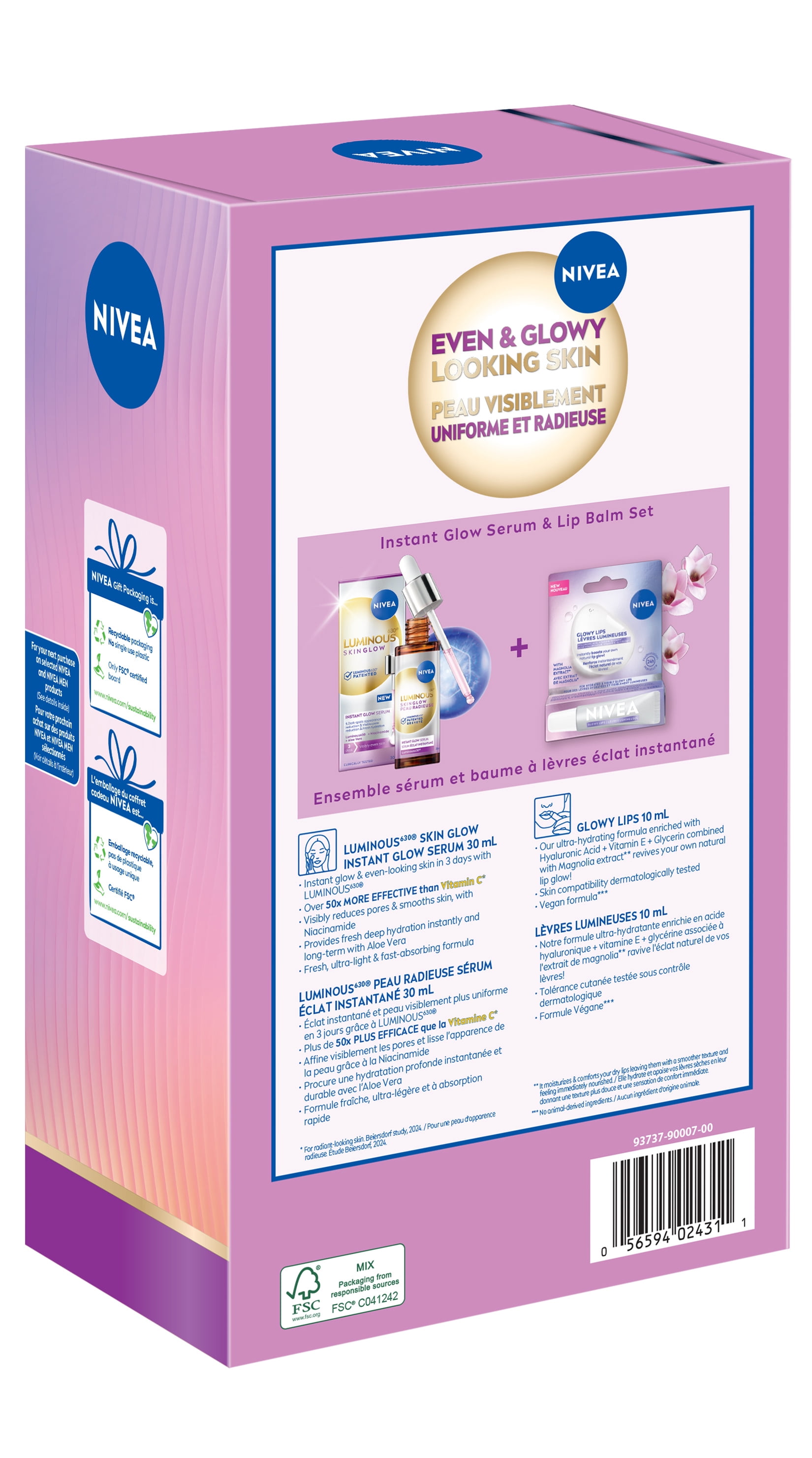 NIVEA Luminous Glow Lip Balm & Face Serum Gift Set for Her, 2-Piece