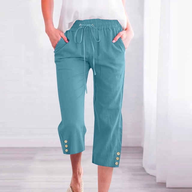 Jsaierl Women Linen Pants Drawstring High Waist Wide Leg Pants Plus Size Lightweight Solid Color Capris Vacation Comforts Summer Capri Pants