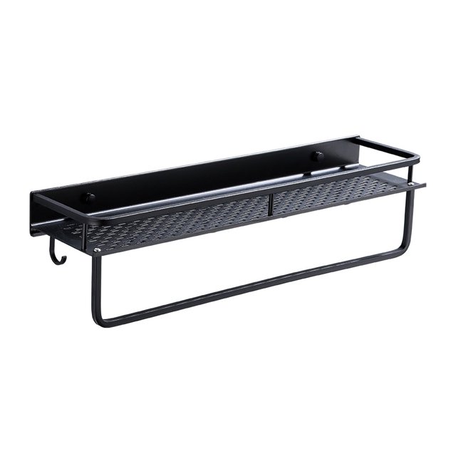Space Aluminum Hollowed Storage Shelf Strong Bearing Storage Rack Wall Mounted Cooker Holder Organizer with 5 Hooks for Kitchen Bathroom