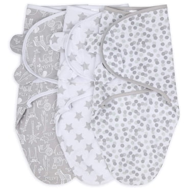 The Peanutshell Couvertures d'Emmaillotage pour Bébé pour Garçons Ou Filles, Animaux de Safari Gris et Étoiles, Ensemble de 3 Enveloppes (Moyen/grand)