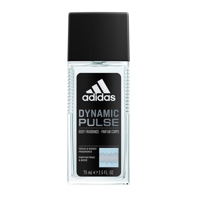 adidas Dynamic Pulse Natural Spray for Men, 75ml clear rectangular bottle with textured sides and black cap, black label with white adidas logo and silver text describing a fresh and woody aromatic fragrance with grapefruit, lemon, apple notes, and vegan formula