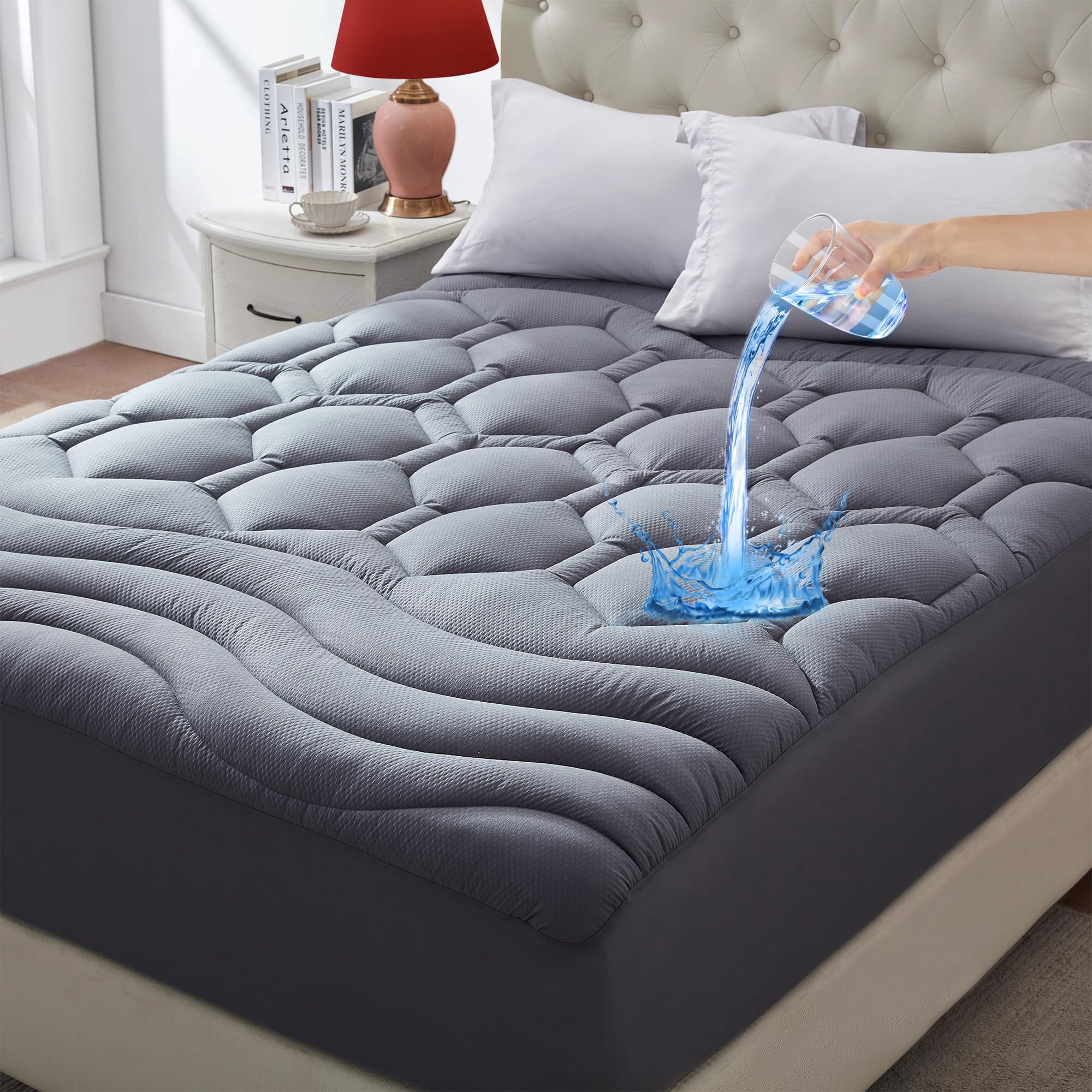 ELVEN HOME Queen Size Mattress Pad Waterproof, Pillow Top Cooling Mattress Topper Cover, Quilted Fitted Mattress Protector Washable, Deep Pocket 8-21" (60x80 inch, Grey)