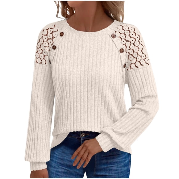 Beige Tshirts for Women Fall Summer Lace Long Sleeve Crew Neck Spandex Crochet Striped Basic Patchwork Tops T shirt Women 2025 Clothing Country Concert S