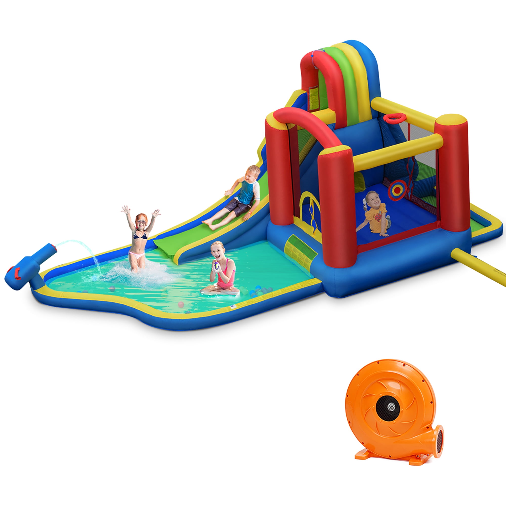 COSTWAY – Château Gonflable 6 En 1 Avec Toboggan Aquatique, Mur D’Escalade, Pataugeoire, Tunnel, Balançoire – Pour 4 Enfants 3-10 Ans