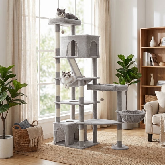 Arbre à Chat Tour avec 6 Aires de Repos et Poteaux en Sisal pour Grands Chats, 41,3 x 17,7 x 74 Pouces, Gris Pâle