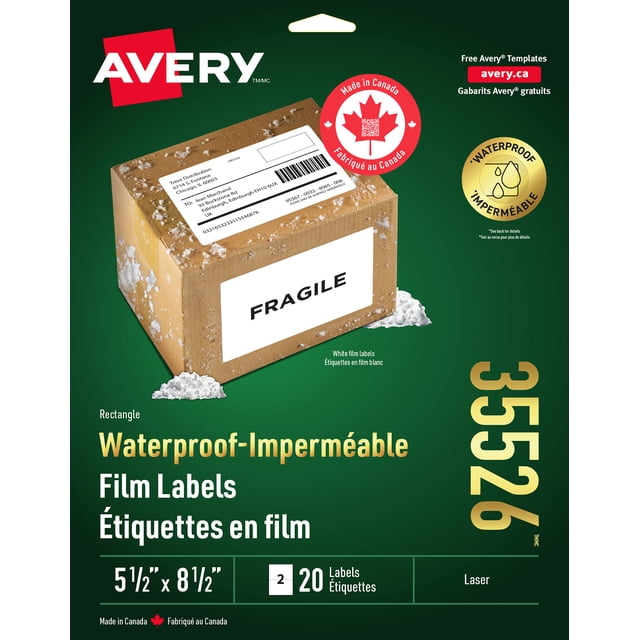 Avery Waterproof Labels 5½ x 8½ inches for laser printers shown on a green background with a brown shipping box labeled fragile using white film labels. The package contains 20 durable, waterproof, tear-resistant labels made in Canada, suitable for shipping, food, and product identification.
