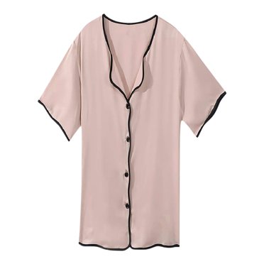 Timegard Sleep Shirts for Women V Neck Short Sleeve Satin Nightgowns Button Up Casual Comfy Sleepshirts