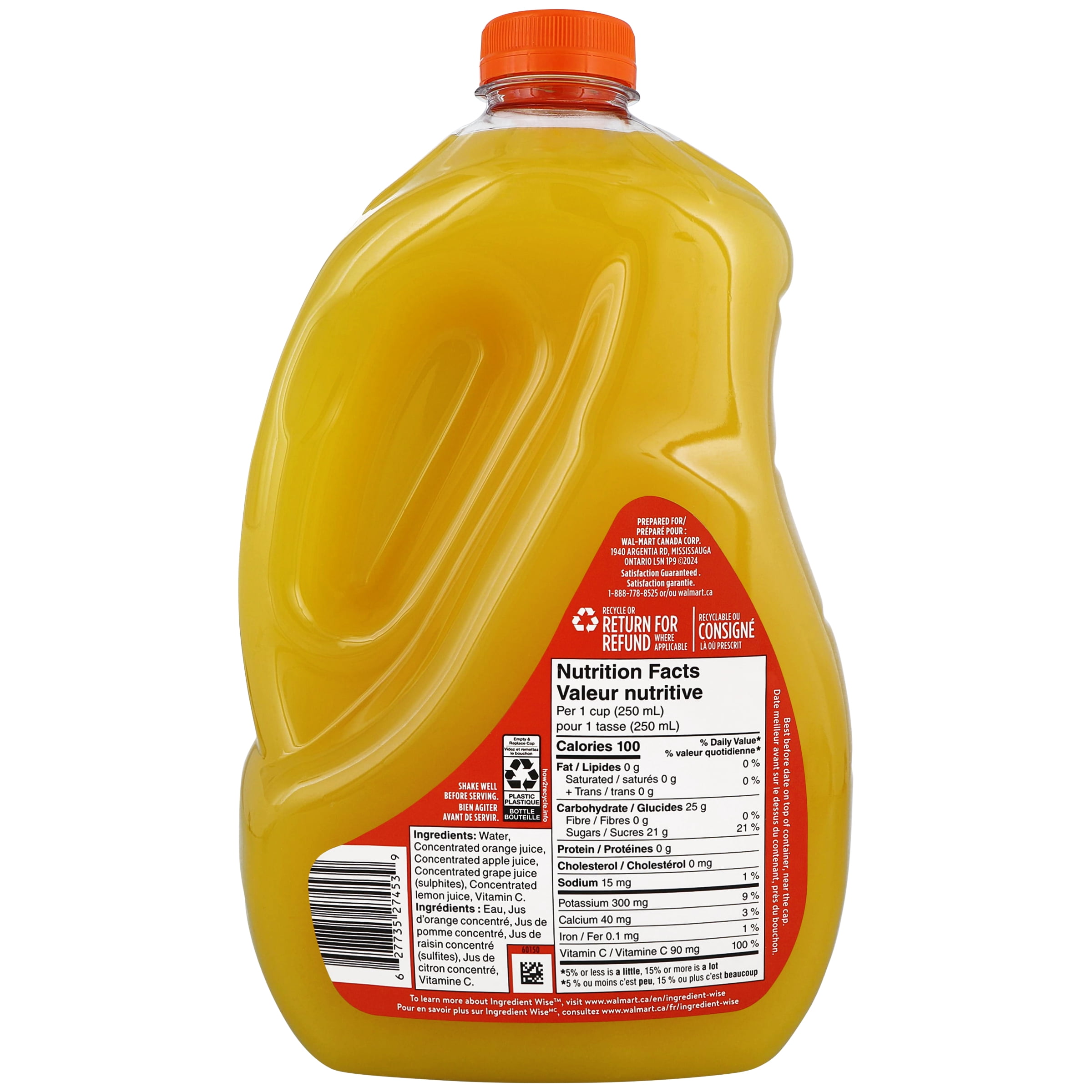 Great Value Orange Mélange de Jus à 100 % Fait de Concentré avec Vitamine C Ajoutée