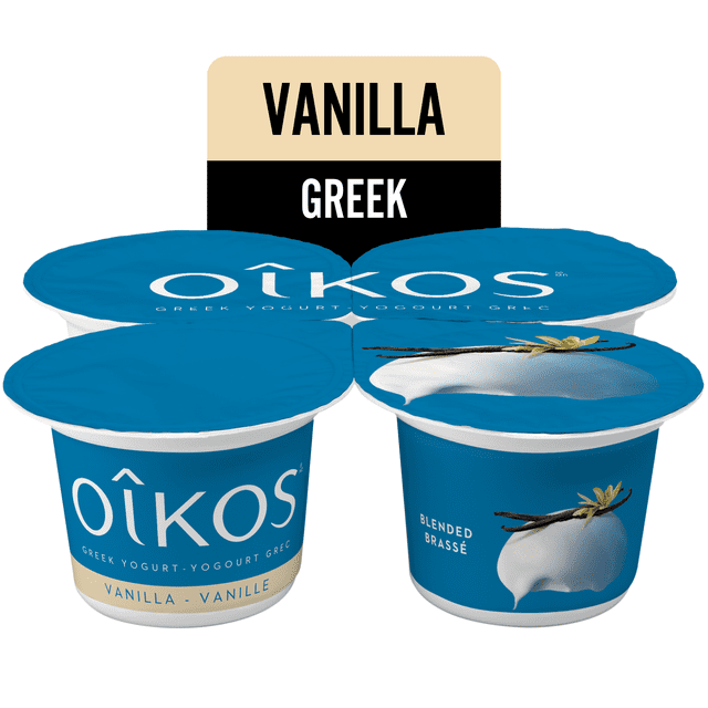 Oikos Greek Yogurt, Vanilla, Blended, 2% M.F., four-pack of blue containers with white lids featuring vanilla bean and flower graphics, delivering traditional Greek yogurt flavour in a convenient pack suitable for snacking or breakfast.