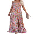 thumbnail image 3 of Femmes Boho Beach Dress Off Shoulder Wrap Dress Manches Courtes Imprimé Floral Ample Coupe Longue Robe Fendue, 3 of 6