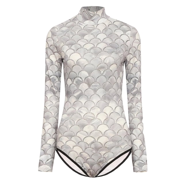 TiaoBug Women One Piece Long Sleeve Rash Guard UV Protection Surfing Mermaid Fish Scale Swimsuit Swimwear Bathing Suit Champagne L