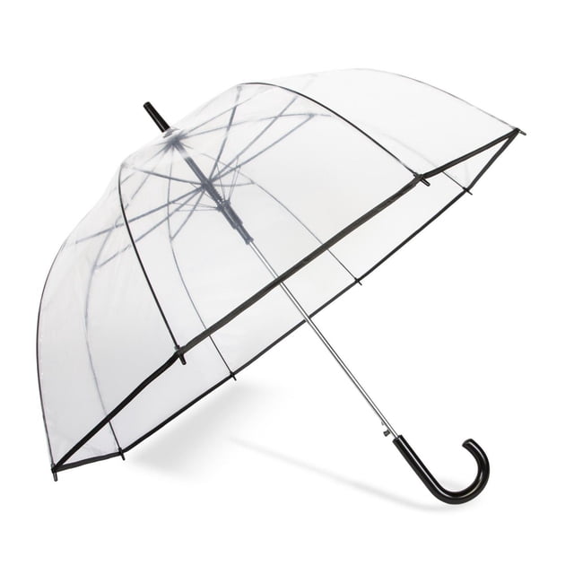 Auto Open Bubble Stick Umbrella with a 52-inch clear PE canopy edged in black piping, supported by steel and fiberglass ribs and a chromed steel shaft, featuring a black plastic crook handle, displayed open at a 3/4 angle on a white background, suitable for hands-free use with its auto-open function.