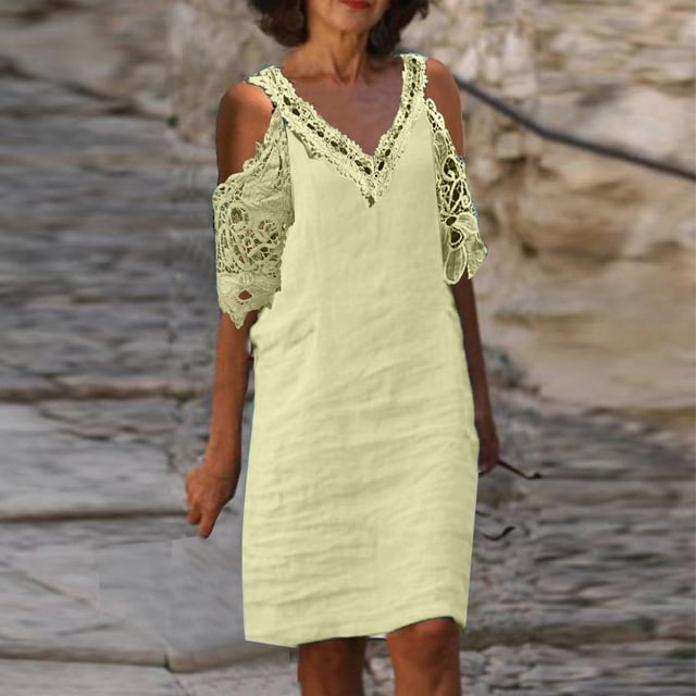 EGNMCR Robes de Fête pour Femmes Robe d'Été pour Femmes Nouvelle Couleur Décontractée à Manches Courtes en Dentelle à Col en V