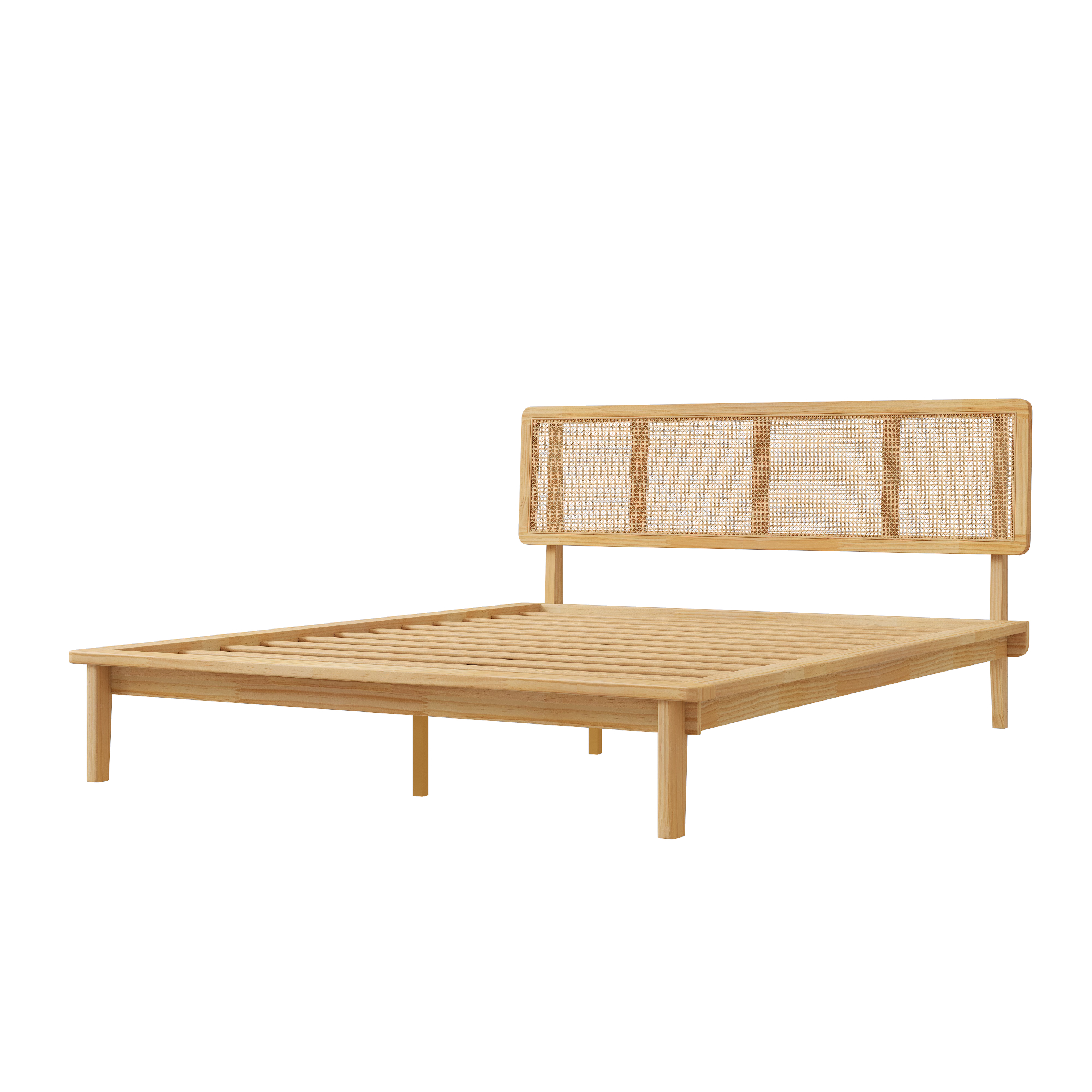 Noble House Modern Rattan Platform Bed,Cane Headboard & Footboard with Natural Woven Panels,Mid-Century Bed Frame,Walnut