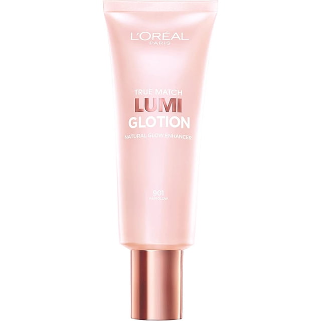 L'Oréal Paris True Match Foundation Lumi Glotion in a soft pink tube with rose gold cap, labeled Natural Glow Enhancer shade 901 Fair Glow, a hydrating highlighter that illuminates skin for a fresh, luminous complexion, suitable for face and body use.