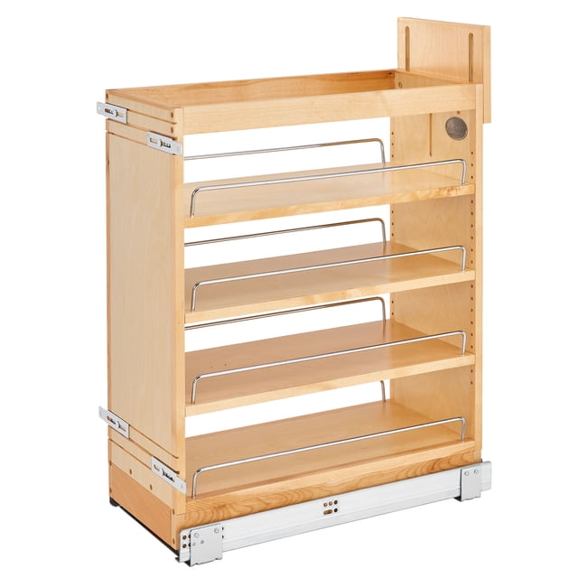 Rev-A-Shelf 10.25" Pullout Kitchen Cabinet Organizer Soft-close, model 448-BCSC-9C, featuring a maple wood construction with a clear coat finish. This fully assembled organizer includes adjustable shelves with chrome rails and a soft-close undermount slide system. Designed for full-height frameless 12" cabinets with a 10.6" opening, it measures 10.25" wide, 21.63" deep, and 25.5" high. The unit mounts to the cabinet floor and attaches to the existing cabinet door, offering a practical solution for organizing spices, cooking essentials, or office supplies.