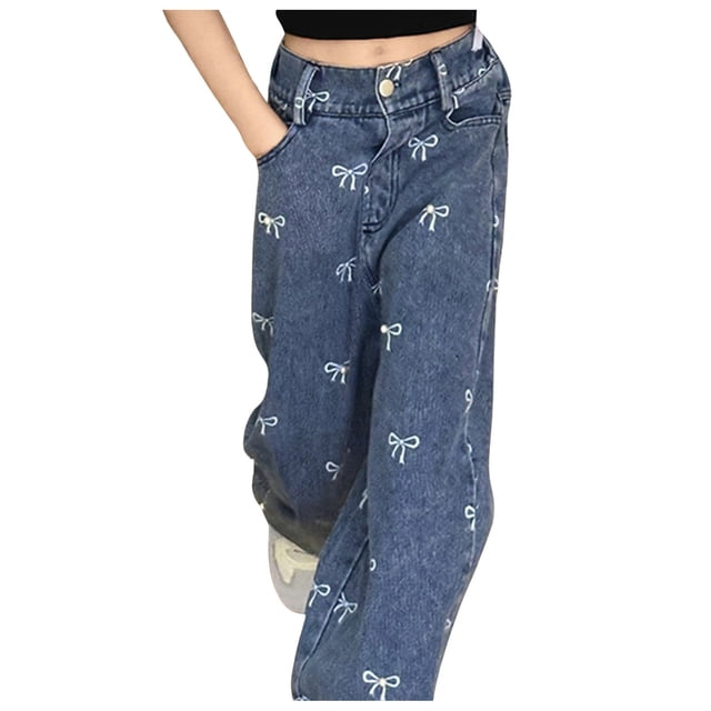 GDREDA Kids Girls Ripped Distressed Washed Baggy Wide Leg Casual Jeans (Blue,10-12 Years)