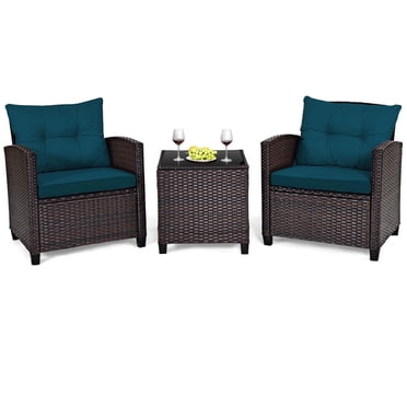 Gymax Set of 3 Rattan Furniture Set Patio Cushioned Conversation Set Sofa Peacock Blue
