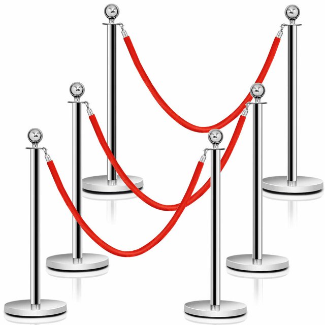 Costway 6 Pcs Poteaux de Queue Rétractables 3 Cordes en Velours Barrière de Contrôle de Fouille
