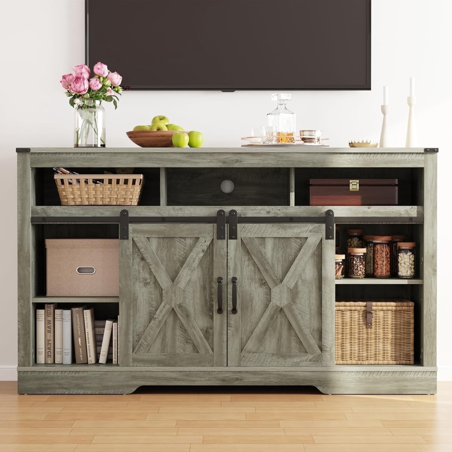 RoyalCraft Farmhouse TV Stand, 34'' Tall Entertainment Center for 65+ Inch TV, Rustic TV Console with Sliding Bar Door for Living Room (Light Grey)