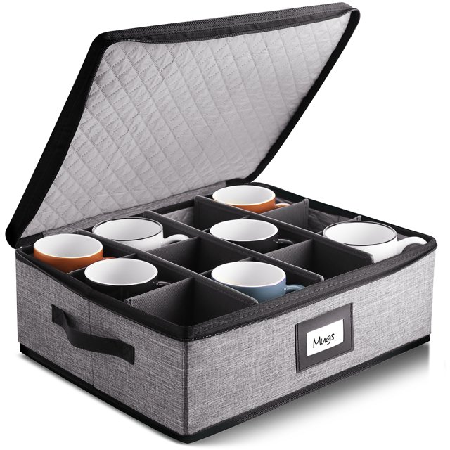 StorageBud China Cup or Mug Storage Set, Hard Shell and Stackable, Securely Padded Dinnerware Storage Containers & Dish Cases with Dividers, Handles & Zippers for Transport