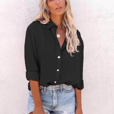 TIMIFIS Chemise Noire à Boutons pour Femme, Chic Décontractée, Hauts de Travail, Blouse d'Été à Manches Longues/courtes avec Poches Automne P