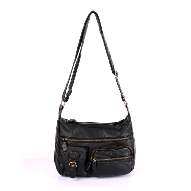 Karla Hanson Charlotte Pre-Washed Women's Hobo Organizer Bag crafted in vegan soft leatherette with a pre-wash treatment for a real leather feel. The black crossbody bag features two main compartments, three front pockets, one back zipper pocket, one inner zipper pocket, and two phone pockets. It includes an adjustable shoulder strap and measures 33W x 10.5D x 24H cm.
