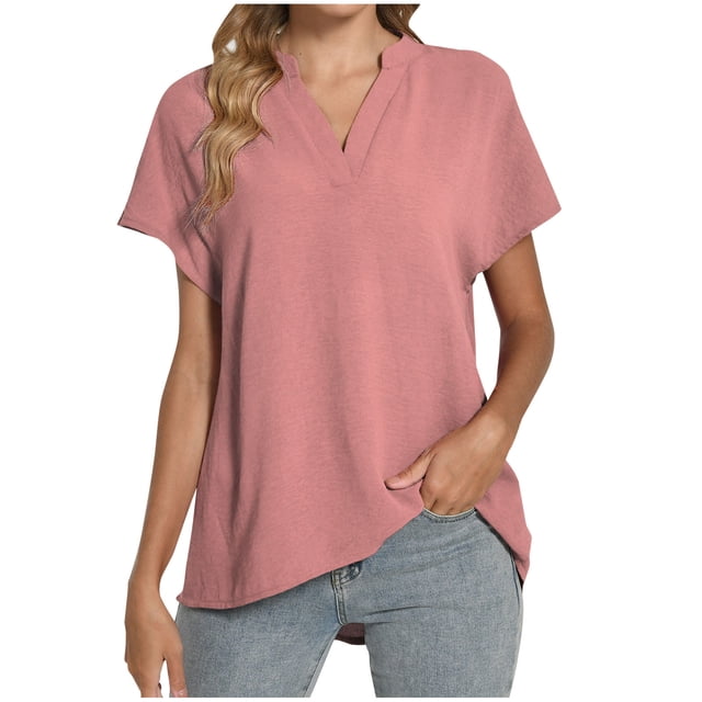 Timegard Womens Cotton Linen Tops Short Sleeve V-Neck Solid Color Lightweight Casual Loose Top Basic Tee