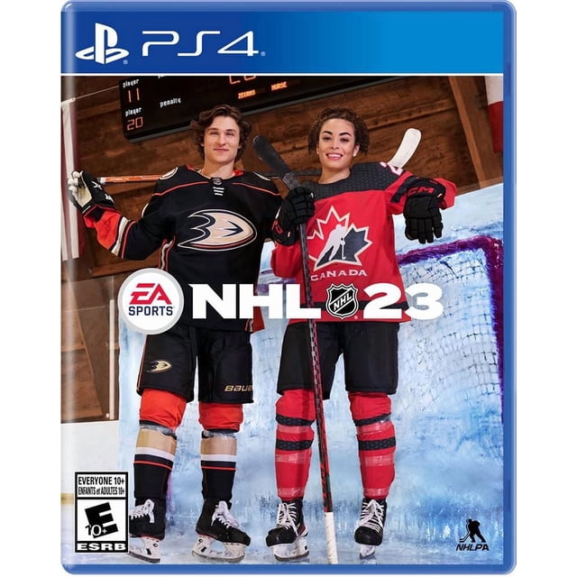 LNH 23 (PS4) Couverture de Jeu Mettant en Vedette Deux Joueurs de hockey sur Glace, l'Un avec un Chandail Noir des Canards d'Anaheim et l'Autre avec un Chandail Rouge de l'Équipe du Canada, Tous Deux Tenant des Bâtons de hockey à l'Intérieur d'Une Patinoire Intérieure avec un Tableau de Bord en Arrière-Plan.