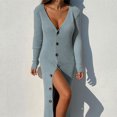 thumbnail image 1 of Robe Chandail Longue en Tricot à Col en V Profond pour Femmes avec Boutons, Manches Longues, Robe Maxi, 1 of 6