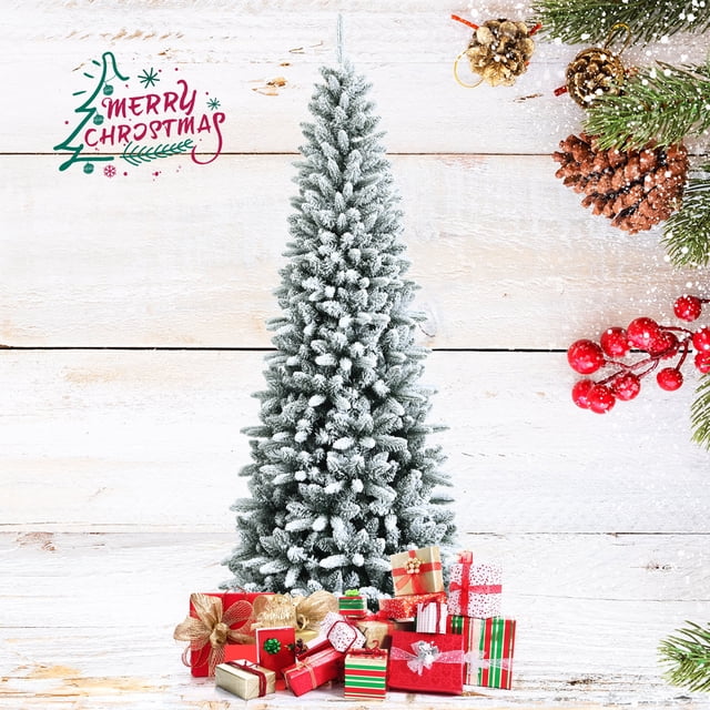Gymax 7.5 FT Artificial Slim Christmas Tree Unlit Snow-Flocked Xmas Pencil Tree displayed in a festive setting. The tree features 1189 snow-flocked branch tips with a slim, space-saving design, creating a wintry charm. Made from durable PVC and PE materials, it includes a sturdy, foldable metal stand for stability and easy storage. The tree is surrounded by wrapped gifts and holiday decorations, enhancing its festive appeal.